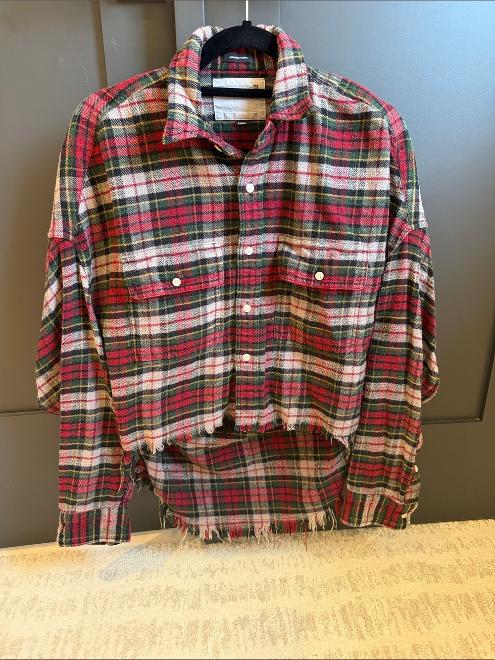 R13 Red Green White Plaid Distressed Button-Down Shirt